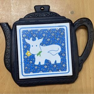 Vintage Cast Iron and Tile Trivet With Cow